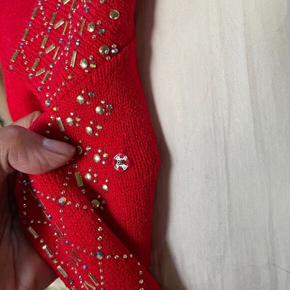 Vintage TOULA SANTANA KNIT Skirt Suit Red Embellished Midi Pencil sz 8 - Picture 7 of 11